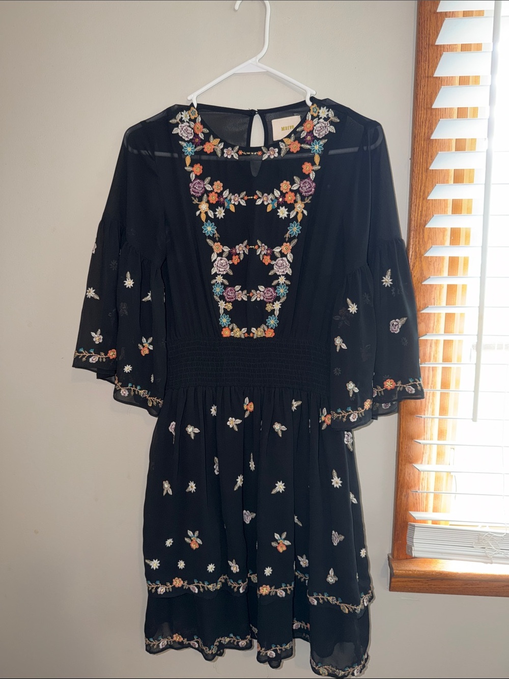 Maeve Black Floral-Embroidered Mini Dress